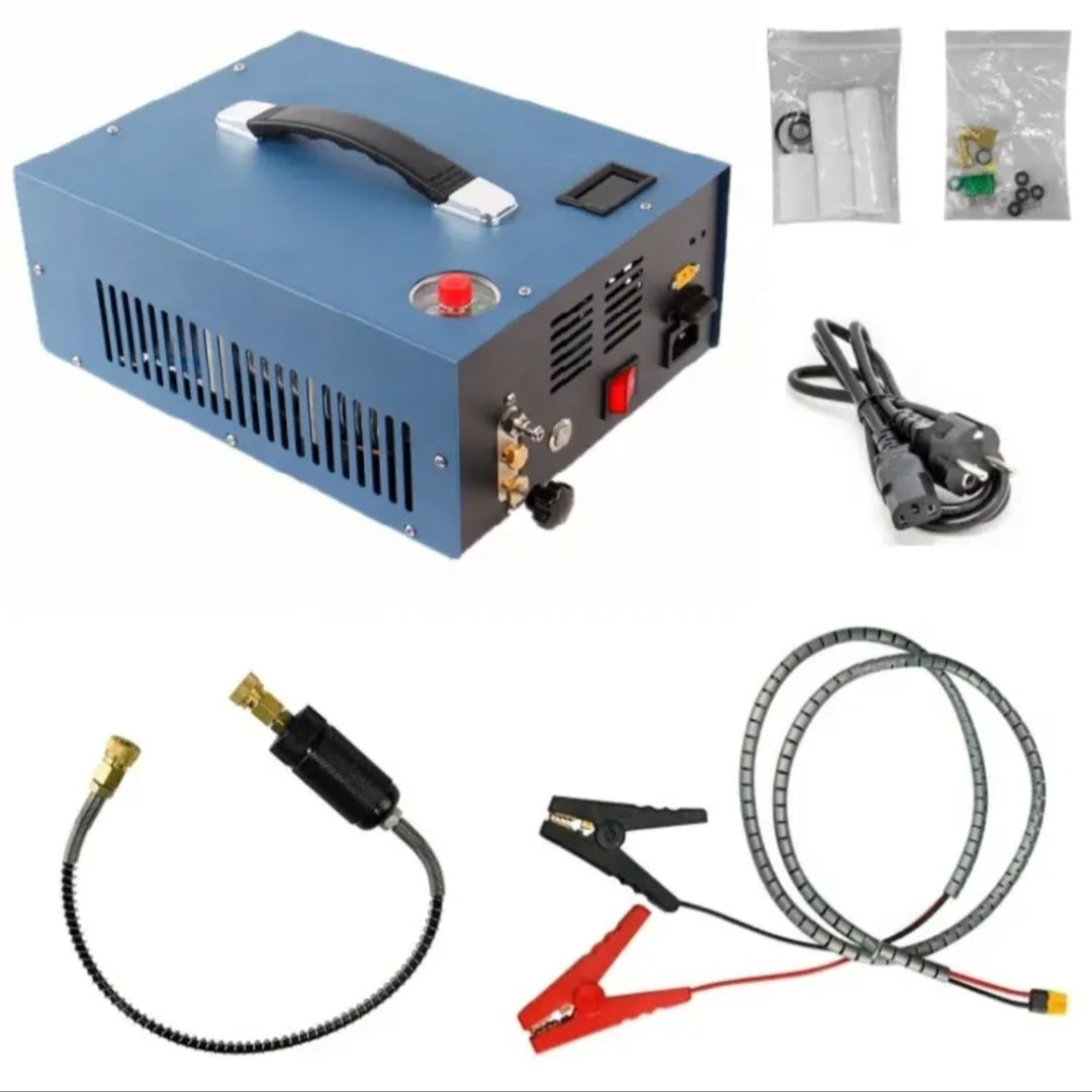 Yong Heng PCP compressor with 220V power cord and 12V car battery clamp cable